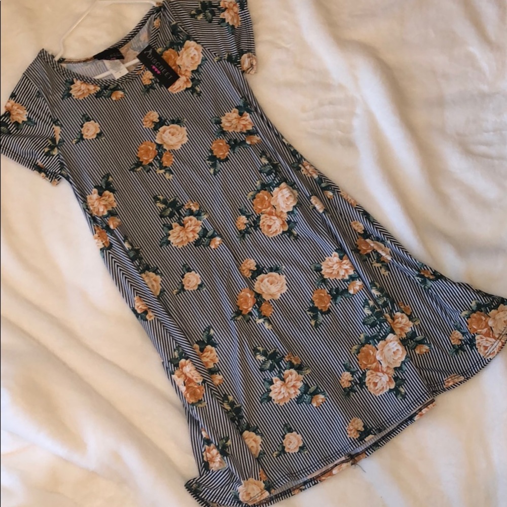NEW black and white Striped Sundress with roses